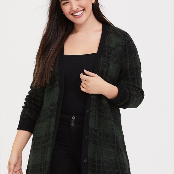 Torrid Green & Black Plaid Open Front Cardigan - Picture 4 of 7